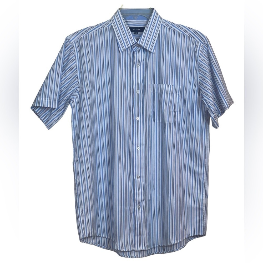 Bogari short sleeve men’s dress shirt. Size medium GUC blue/ white stripe